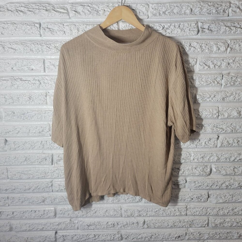 Elisabeth Women Sweater 3X Plus Short Sleeve Ribbed Beige Mock Turtleneck A16E